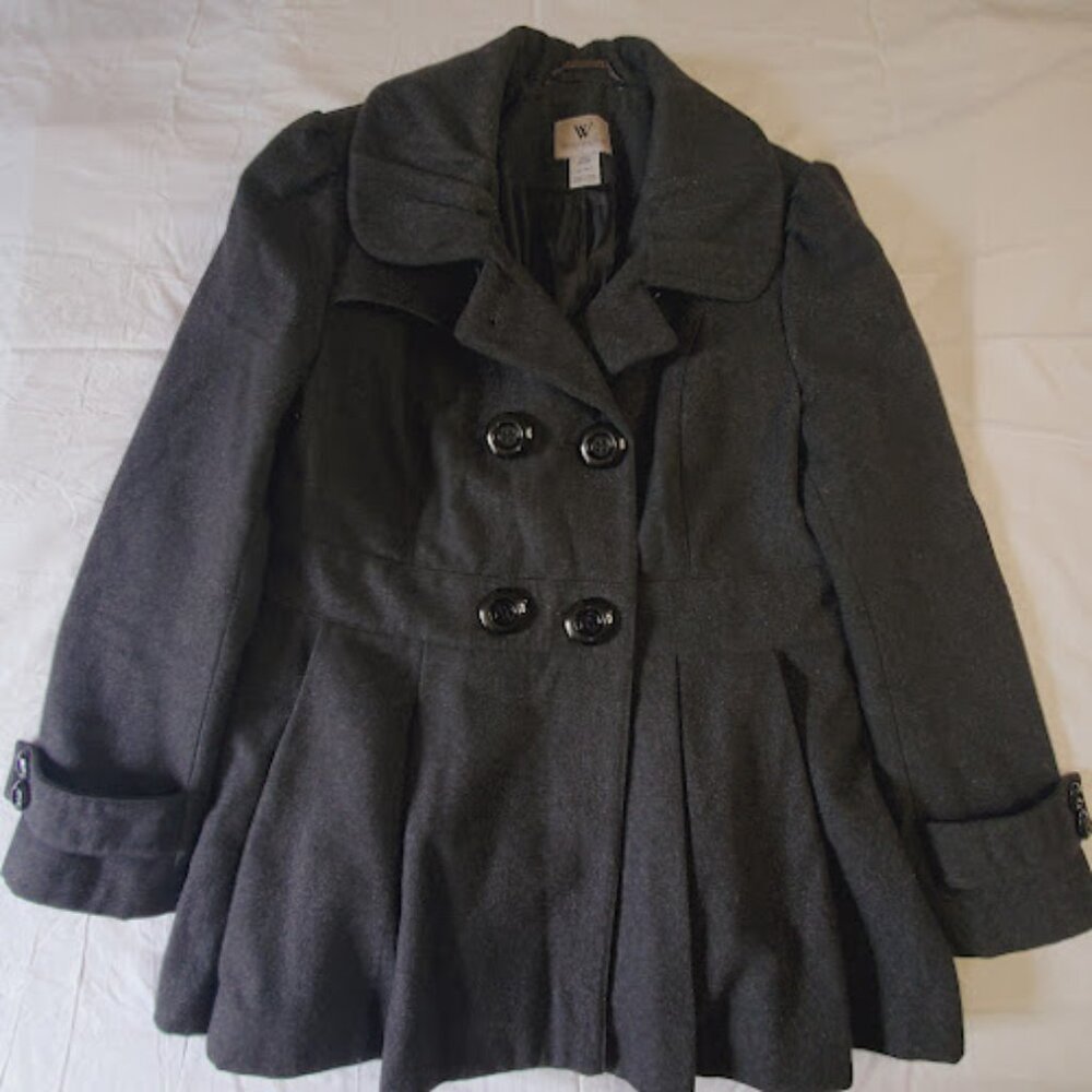 Worthington Women Dark Gray Peacoat, Size L, Short, Wool Blend, Peplum, Buttons